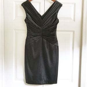 Cap Sleeve V neck solid Black Pintuck Satin Dress